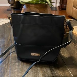 Zac Posen navy blue bucket bag with brass hardware euc